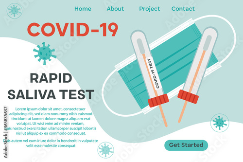 Web page template for medical center, laboratory. Rapid saliva test for coronavirus COVID 19. Test tube for saliva, nose, medical mask, coronavirus icon. Vector illustration