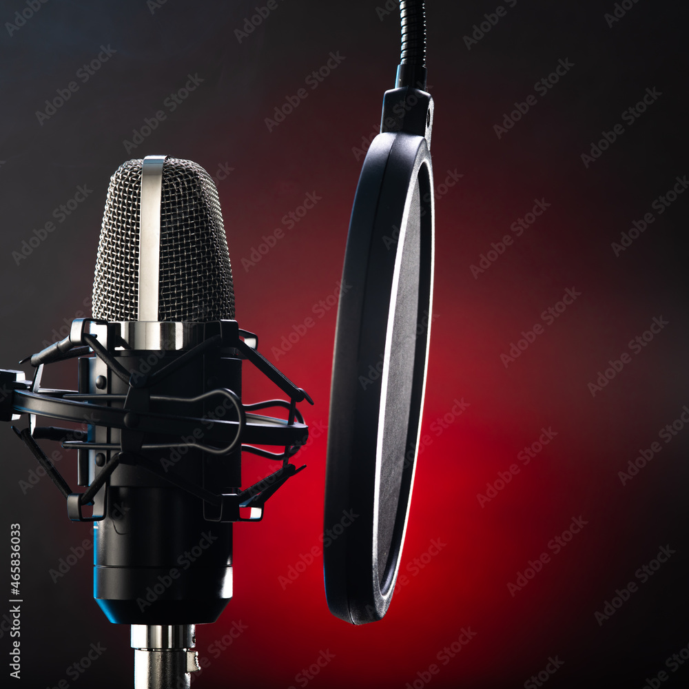 Professional studio microphone and pop filter on a beautiful red-black ...