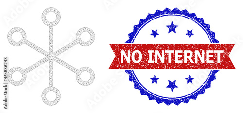 No Internet corroded stamp seal, and net links icon network model. Red and blue bicolored stamp seal includes No Internet tag inside ribbon and rosette. Abstract 2d mesh net links,