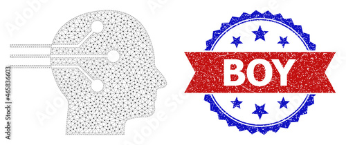 Boy unclean stamp, and neural interface icon mesh model. Red and blue bicolored stamp seal contains Boy tag inside ribbon and rosette. Abstract flat mesh neural interface,