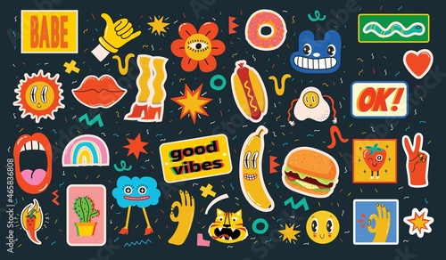 Hand drawn Vector illustrations of Set of Various patches, pins, stamps or stickers with abstract funny cute comic characters.