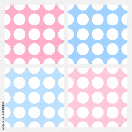 Set with four seamless pattern with light blue and pink circles.