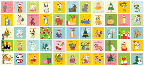 Christmas set of different animals and christmas symbol of the year tiger, rat, cat, dog with gifts and other