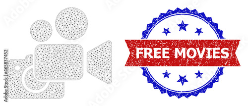 Free Movies rubber seal print, and photo and video cameras icon polygonal model. Red and blue bicolored stamp seal includes Free Movies tag inside ribbon and rosette.