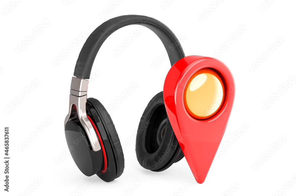 Headphones with map pointer. 3D rendering Headphones with map pointer. 3D rendering