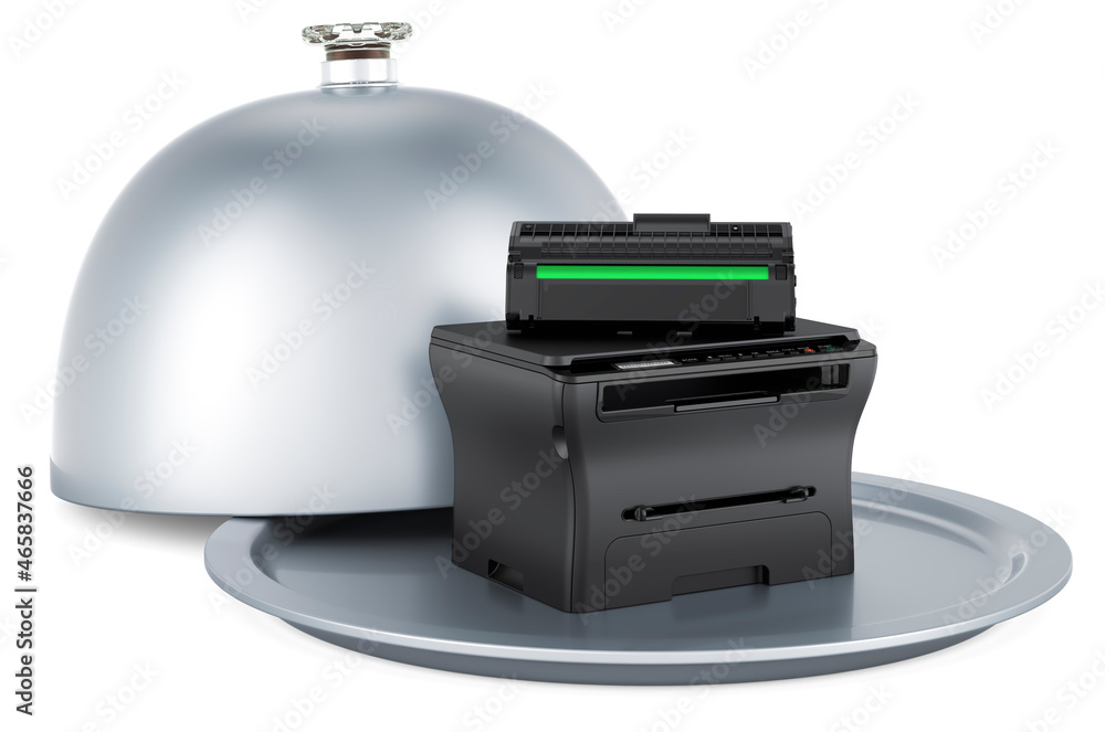 Restaurant cloche with multifunction printer MFP. 3D rendering Restaurant cloche with multifunction printer MFP. 3D rendering