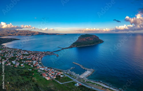 Aerial view of the old medieval castle town of Monemvasia in Lakonia of Peloponnese, Greece. Monemvasia is often called The Greek Gibraltar. © panosk18