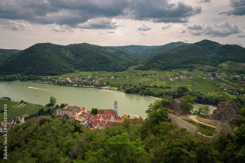 The medieval town of Durnstein along the Danube River from the ruins of the castle, Wachau Valley, Lower Austria.