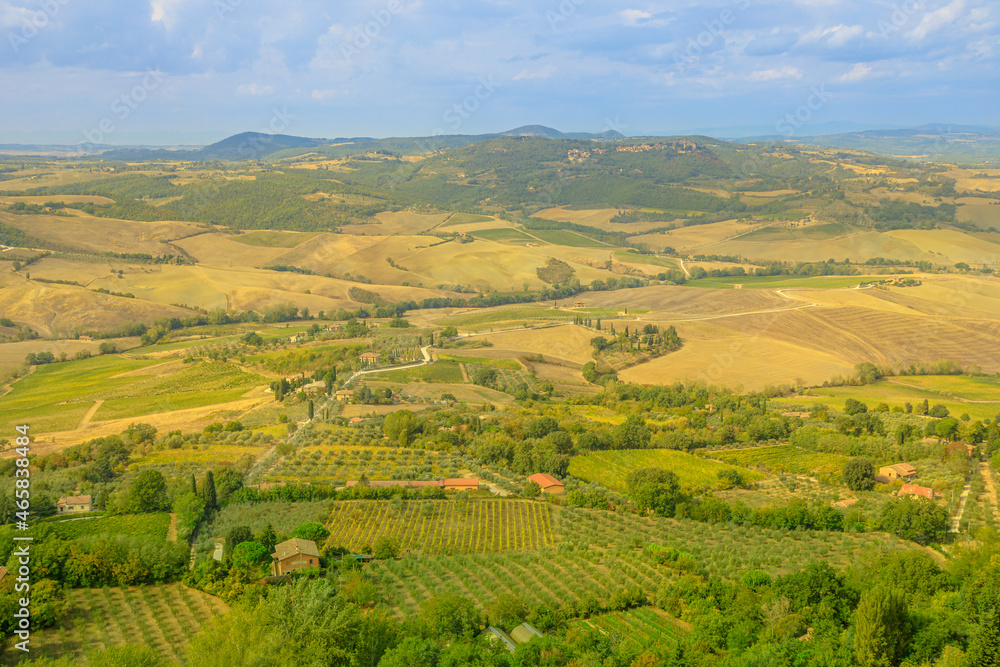 Aerial landscape on the terraced vineyards of Tuscany winegrowing village Montepulciano in Tuscan-Emilian apennines. Italian countryside and famous for Rosso wine of Tuscany region in Italy.
