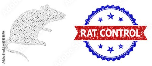 Rat Control textured stamp seal, and rat icon triangular structure. Red and blue bicolor stamp seal has Rat Control title inside ribbon and rosette. Abstract flat mesh rat,