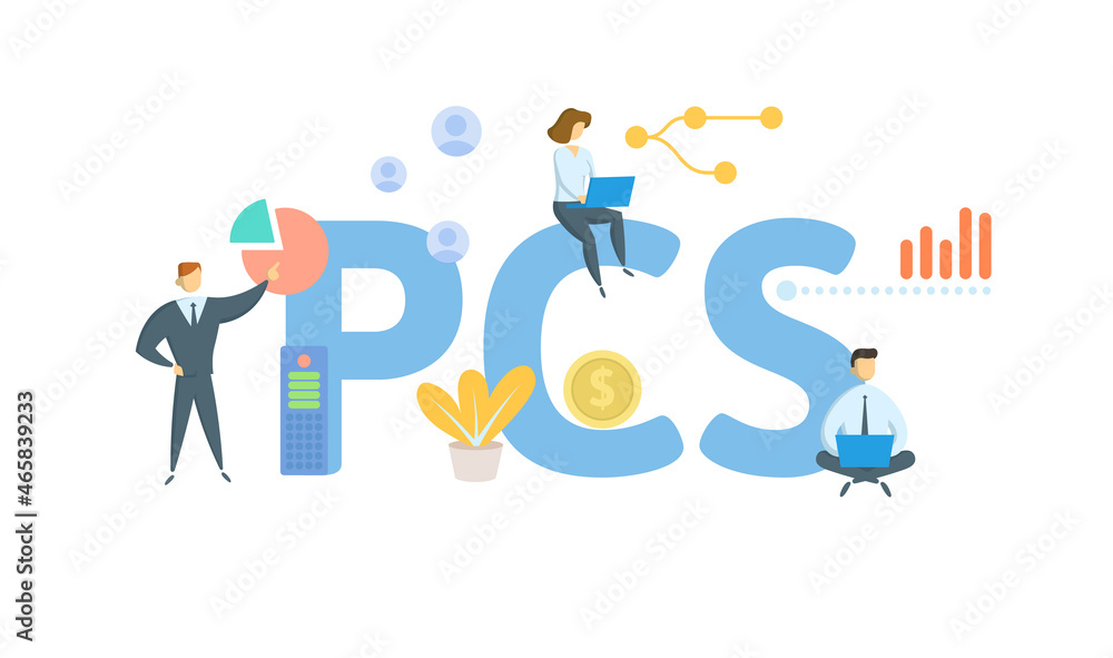PCS, Project Control System. Concept with keyword, people and icons. Flat vector illustration. Isolated on white.