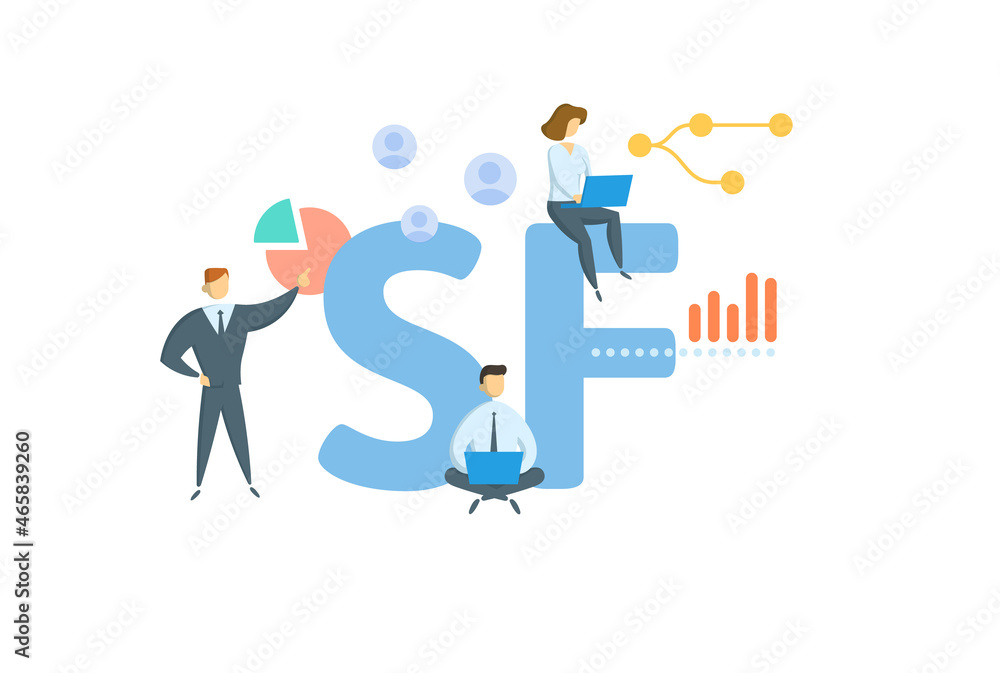 SF, Sales Finance. Concept with keyword, people and icons. Flat vector illustration. Isolated on white. SF, Sales Finance. Concept with keyword, people and icons. Flat vector illustration. Isolated on white.
