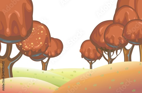 Chocolate trees landscape. Fairy tale garden. Summer fantasy scene. Perspiration. Cartoon style. Childrens dream isolated illustration. Vector