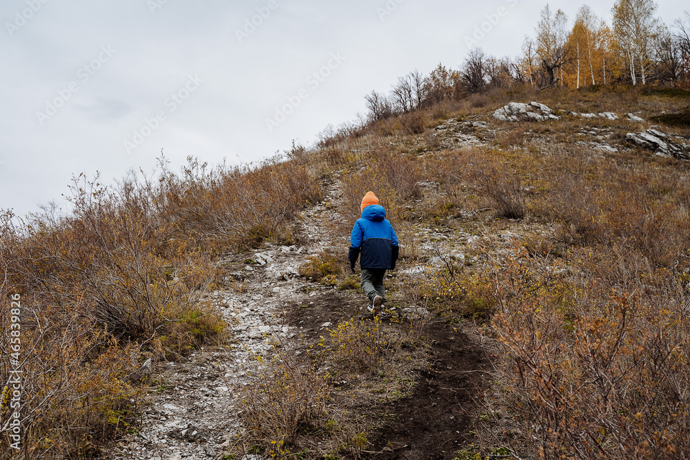 The child goes camping. A boy in a jacket climbs uphill. View from the back of a child walking on the road to the top. Children's tourism in autumn in cloudy weather.