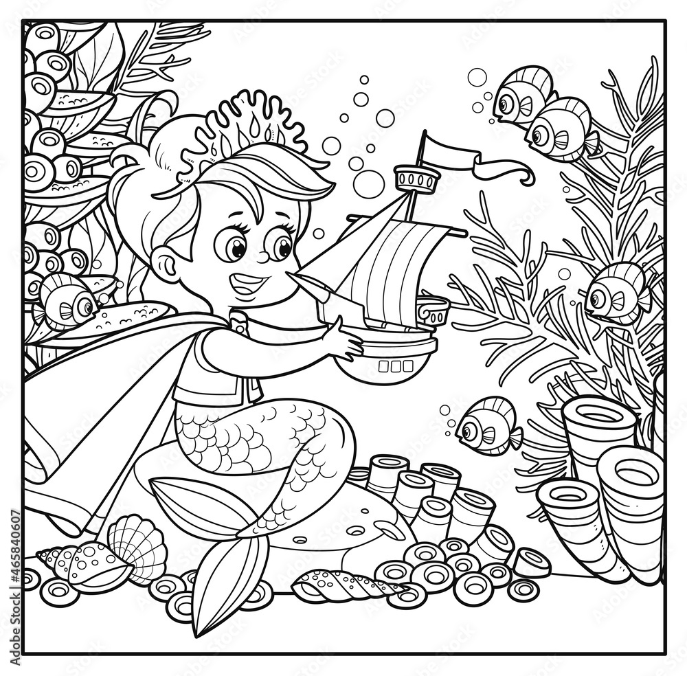 Mermaid prince in a crown of coral sits on a stone and examines a toy sailboat  outlined for coloring page on seabed with corals and algae background