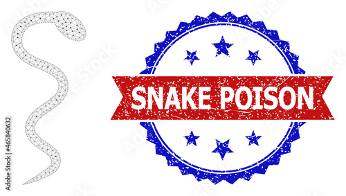 Snake Poison grunge seal imitation, and snake icon mesh model. Red and blue bicolored stamp seal has Snake Poison text inside ribbon and rosette. Abstract flat mesh snake, created from polygonal grid.
