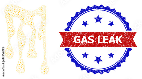 Gas Leak rubber seal, and sticky honey drops icon network model. Red and blue bicolored stamp seal includes Gas Leak title inside ribbon and rosette. Abstract 2d mesh sticky honey drops,