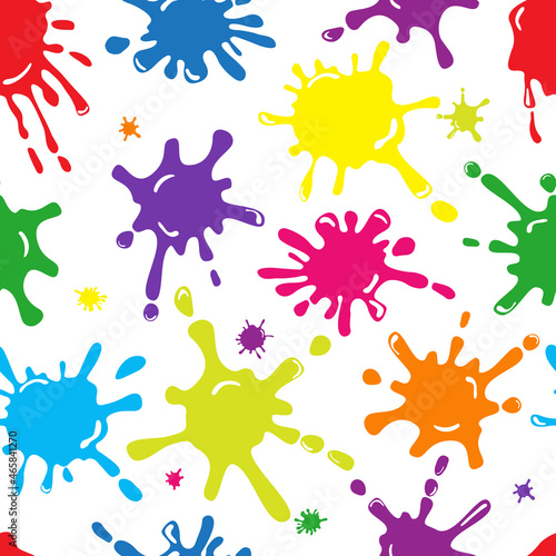 Bright colored abstract splatter blots. Seamless vector pattern on a white background.