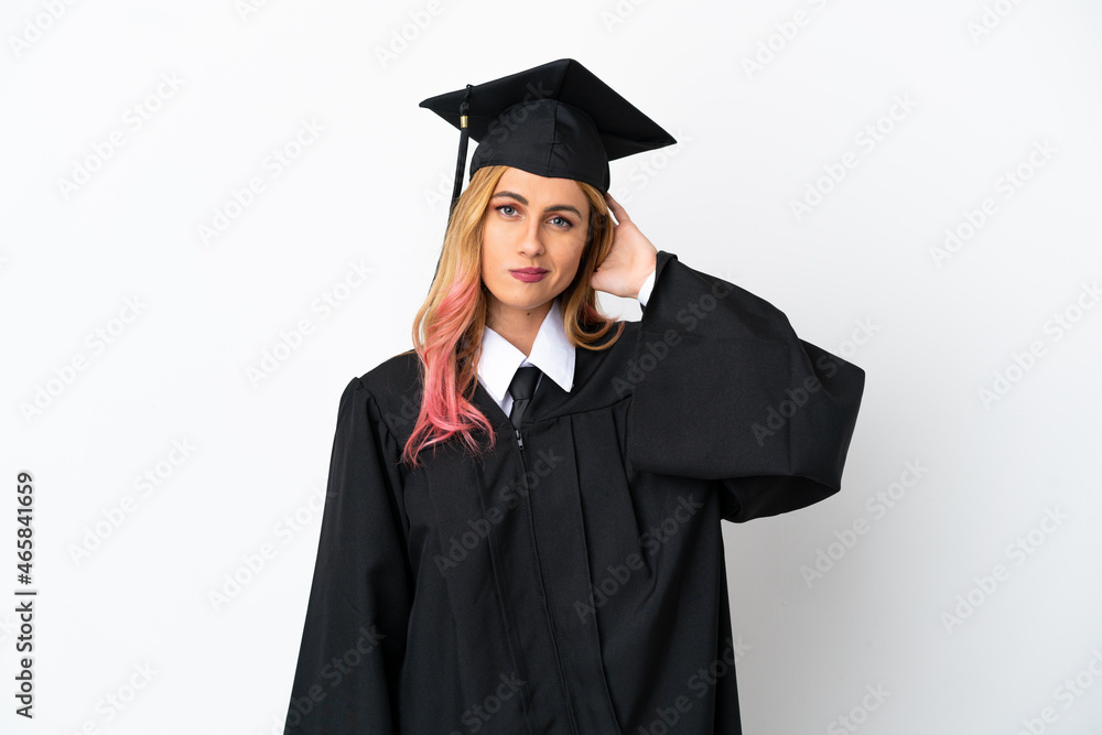 Young university graduate over isolated white background having doubts Young university graduate over isolated white background having doubts