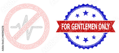For Gentlemen Only rubber seal print, and stop pulse icon mesh model. Red and blue bicolor seal includes For Gentlemen Only text inside ribbon and rosette. Abstract flat mesh stop pulse,