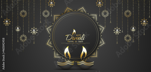 Happy Diwali - festival of lights colorful banner template design with decorative diya lamp.