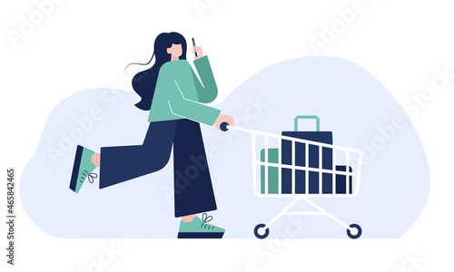 Woman with a grocery cart talking on the phone. Woman shopping. Vector flat illustration.