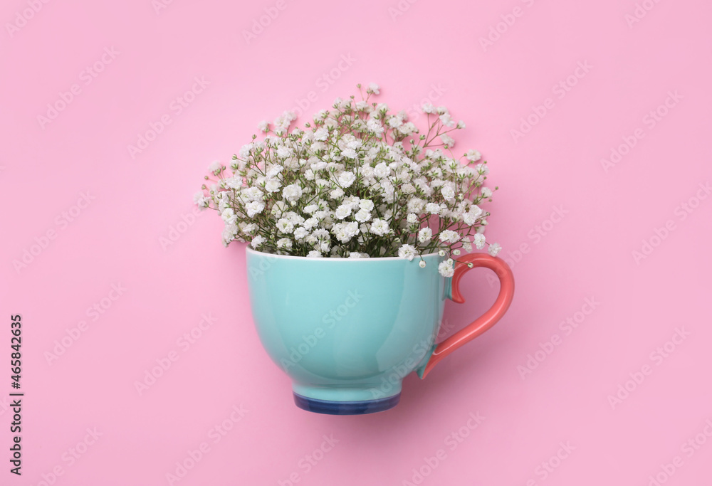 Beautiful gypsophila in cup on pink background, top view