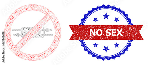 No Sex textured seal print, and stop VPN icon polygonal model. Red and blue bicolor seal has No Sex title inside ribbon and rosette. Abstract flat mesh stop VPN, designed with polygonal grid.