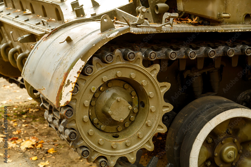 A battle tank track at an exhibition of military equipment. A battle tank track at an exhibition of military equipment.