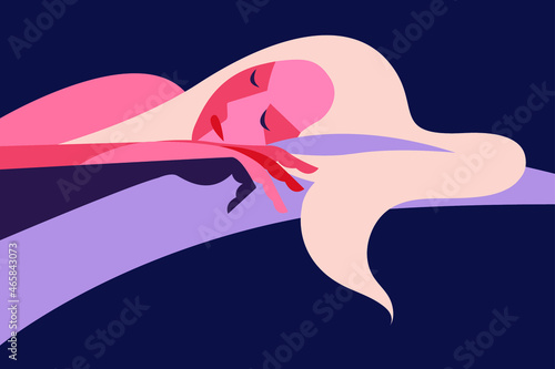 vector flat design illustration of a girl sweetly sleeping in bed with her hair scattered on the pillow in pastel colors on a dark background. useful for advertising relaxation products, sleep product