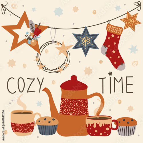 Vector set of winter cozy hand-drawn elements. Teapot, cups, cupcakes, garland, socks, stars, wreath. Bright kitchenware ceramics and decor for a cozy time