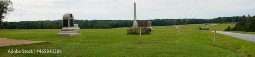 Andersonville, Georgia: Andersonville National Historic Site. Panoramic view of Civil War Prison Camp, Andersonville Prison, Camp Sumter. Memorials dedicated by union states.