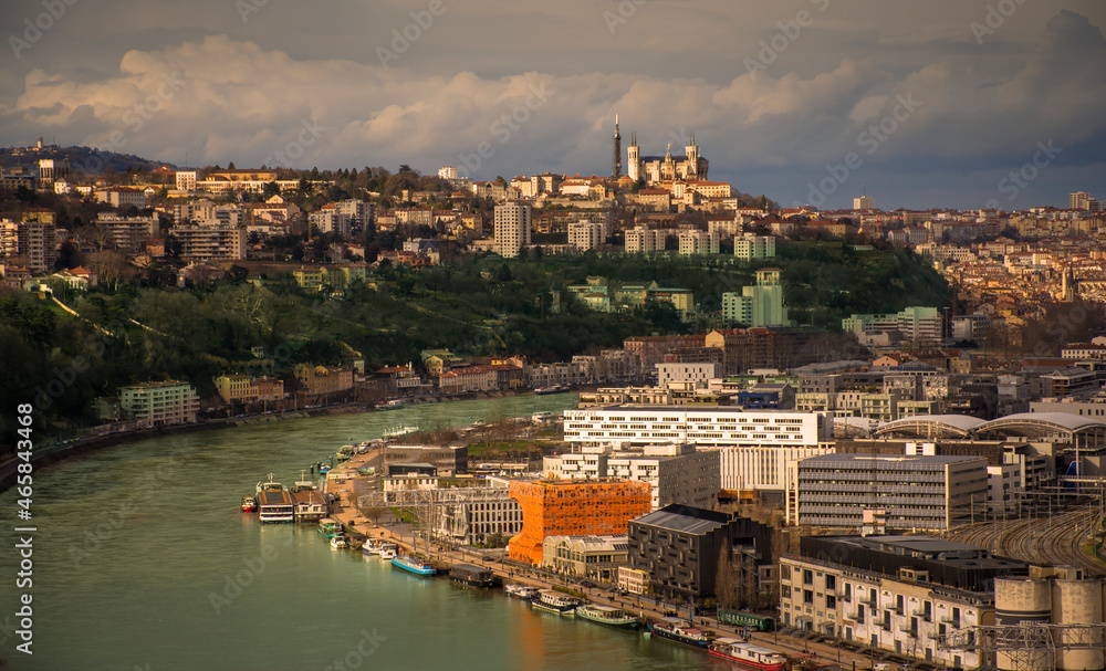 Panoramic shot of the city of Lyon, France and the River Rhone in the middle. Fourviere at the back.