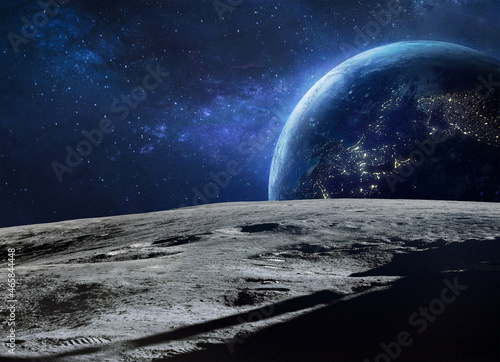 Moon surface and blue Earth planet at night in deep space. Artemis program. Apollo program. Cities lights. Elements of this image furnished by NASA photo