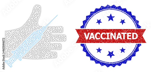Vaccinated scratched seal print, and vaccine offer hand icon polygonal structure. Red and blue bicolor seal includes Vaccinated caption inside ribbon and rosette. Abstract 2d mesh vaccine offer hand,