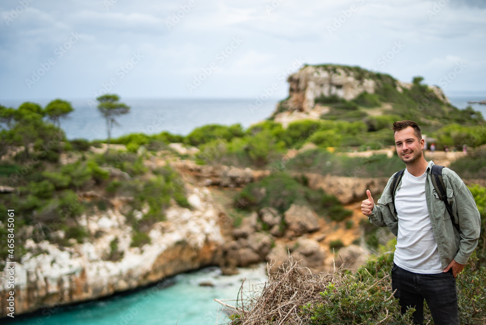 Naklejka premium Tourist enjoining hiking on mountains in Spain