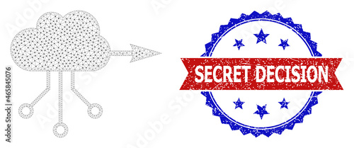 Secret Decision unclean stamp seal, and VPN cloud icon mesh structure. Red and blue bicolored stamp contains Secret Decision title inside ribbon and rosette. Abstract 2d mesh VPN cloud,