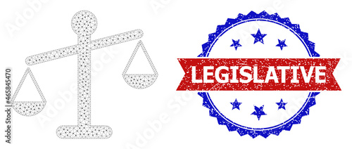 Legislative unclean seal, and weight disbalance icon mesh model. Red and blue bicolor seal includes Legislative text inside ribbon and rosette. Abstract 2d mesh weight disbalance,