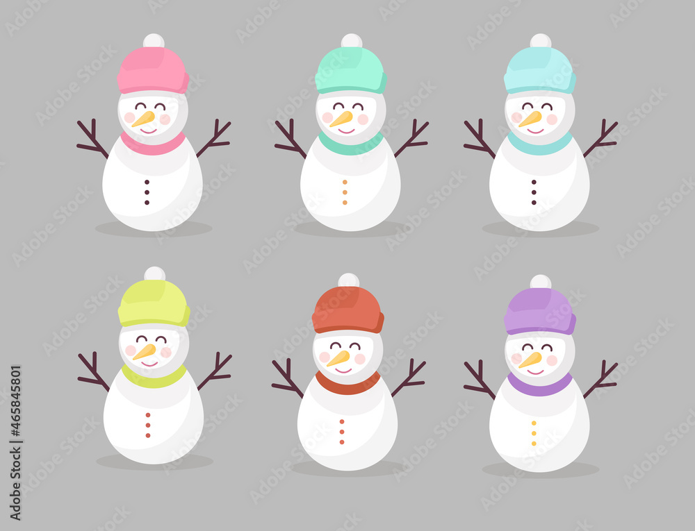 Christmas snowman set with smiling faces and colorful hats. Cartoon style. Icon. Cute Snowman. Christmas snowman set with smiling faces and colorful hats. Cartoon style. Icon. Cute Snowman.
