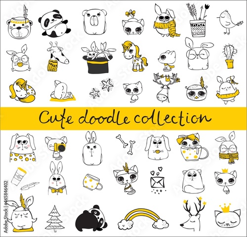 Simple design of cute animals, birds, flowers and other design elements perfect for kid's card, banners, stickers and other kid's things.