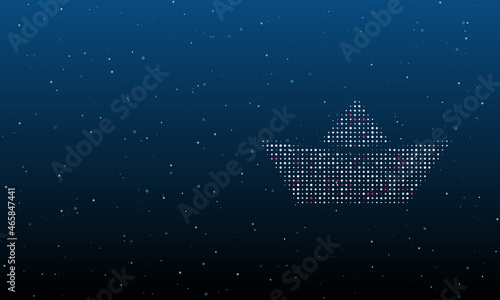 On the right is the paper boat symbol filled with white dots. Background pattern from dots and circles of different shades. Vector illustration on blue background with stars