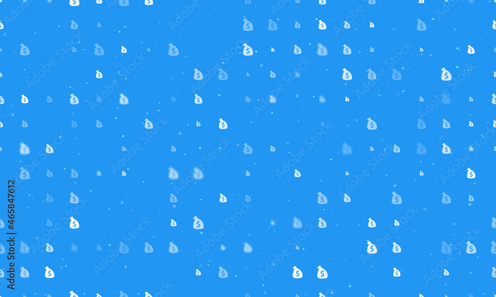 Seamless background pattern of evenly spaced white bag of money symbols of different sizes and opacity. Vector illustration on blue background with stars
