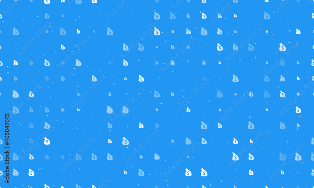 Seamless background pattern of evenly spaced white bag of money symbols of different sizes and opacity. Vector illustration on blue background with stars Seamless background pattern of evenly spaced white bag of money symbols of different sizes and opacity. Vector illustration on blue background with stars