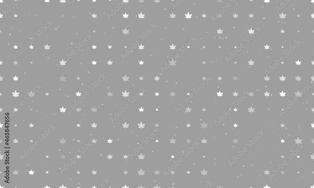 Seamless background pattern of evenly spaced white maple leafs of different sizes and opacity. Vector illustration on gray background with stars Seamless background pattern of evenly spaced white maple leafs of different sizes and opacity. Vector illustration on gray background with stars