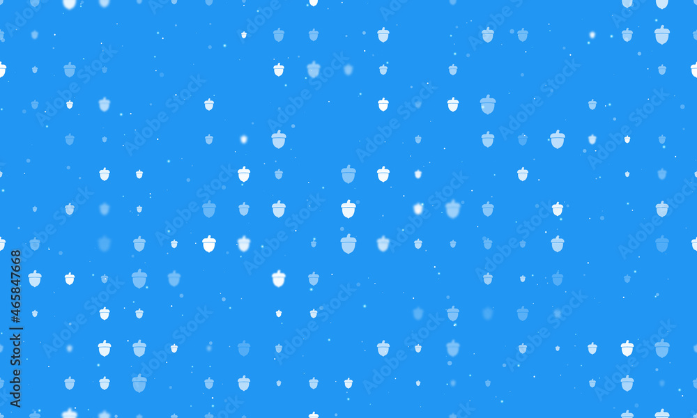 Seamless background pattern of evenly spaced white acorn symbols of different sizes and opacity. Vector illustration on blue background with stars