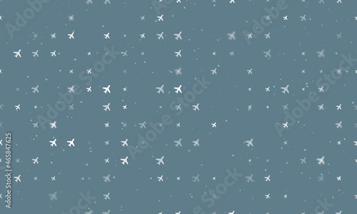 Seamless background pattern of evenly spaced white plane symbols of different sizes and opacity. Vector illustration on blue grey background with stars
