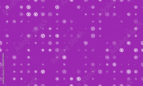 Seamless background pattern of evenly spaced white beach ball symbols of different sizes and opacity. Vector illustration on purple background with stars