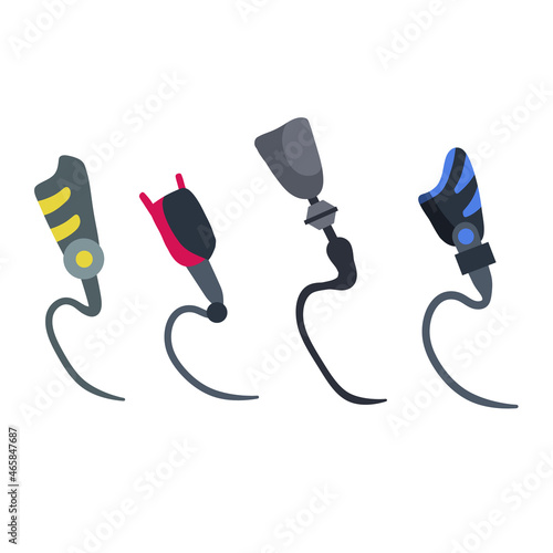Prosthetic leg. Sport medical accessory for running. Artificial mechanical iron limb. Professional sports for disabled. Flat cartoon