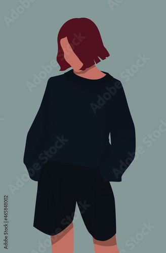 Girl with a square of red. Lady in black sweater and shorts. Vector flat illustration with gray background. A girl in a strict outfit. Design for cards, posters, backgrounds, templates, textiles, avat