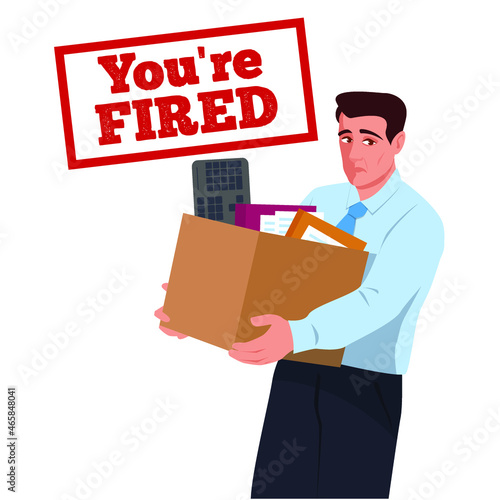 A sad employee who was fired from his job with a cardboard box of stuff. The man lost his job due to downsizing. Unemployed man looking for a job. Stock vector illustration.